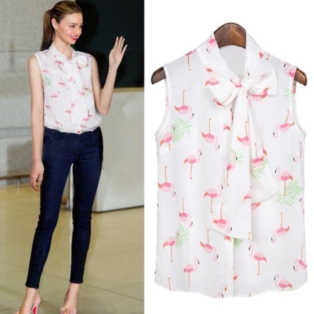 Flamingo Print Sleeveless Silky Tie Neck Blouse - Tropical Ivory Bow Tie Detail